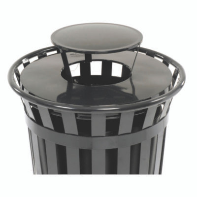 Outdoor Slatted Steel Trash Can, Rain Bonnet Lid, 36 Gal, Black