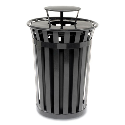 Outdoor Slatted Steel Trash Can, Rain Bonnet Lid, 36 Gal, Black