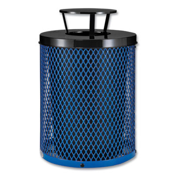 Outdoor Diamond Steel Trash Can, Rain Bonnet Lid, 36 Gal, Blue