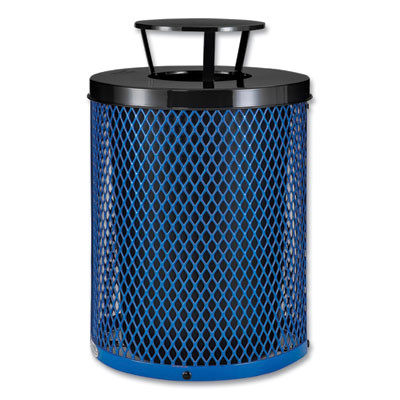 Outdoor Diamond Steel Trash Can, Rain Bonnet Lid, 36 Gal, Blue