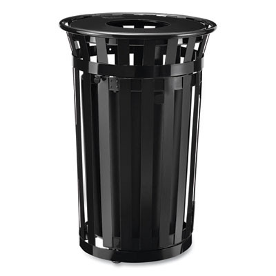 Outdoor Slatted Steel Trash Can, With Access Door, 36 Gal, Steel Black