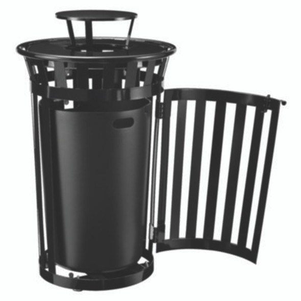 Outdoor Slatted Steel Trash Can, With Access Door And Rain Bonnet Lid, 36 Gal, Black