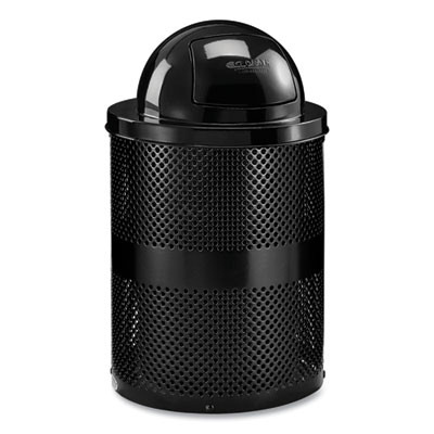 Outdoor Perforated Steel Trash Can With Dome Lid, 36 Gal, Steel, Black