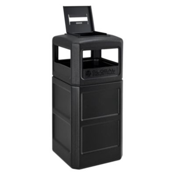 Square Plastic Waste Receptacle, Ashtray Lid With Open Sides, 42 Gal, Black