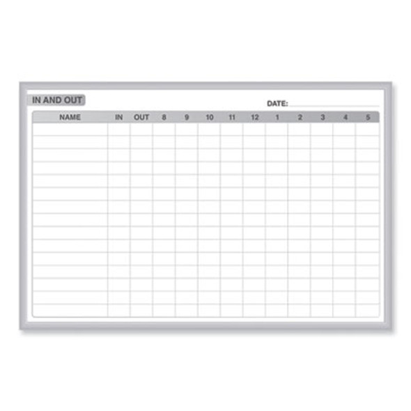 In/Out Magnetic Whiteboard, Personnel In/Out Tracking Chart, 48.5" x 36.5", White/Gray Surface, Satin Aluminum Frame