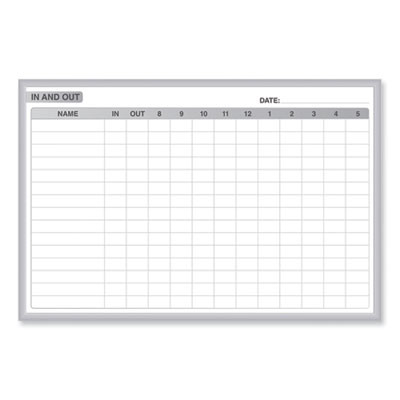 In/Out Magnetic Whiteboard, Personnel In/Out Tracking Chart, 48.5" x 36.5", White/Gray Surface, Satin Aluminum Frame