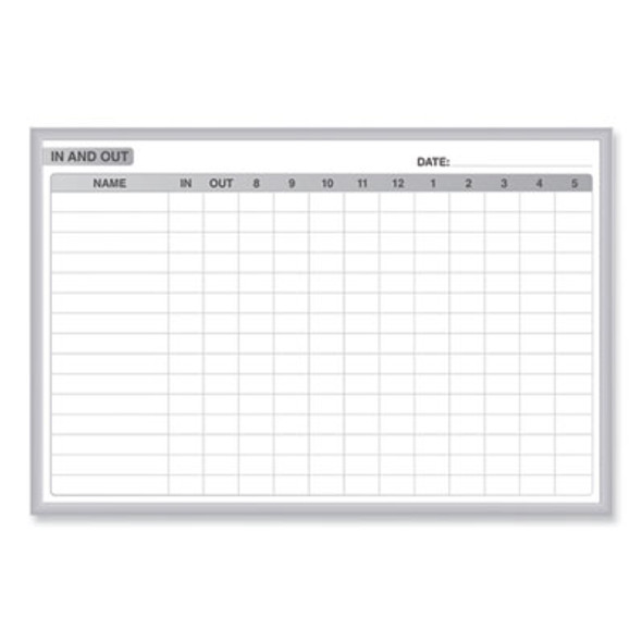 In/Out Magnetic Whiteboard, Personnel In/Out Tracking Chart, 72.5" x 48.5", White/Gray Surface, Satin Aluminum Frame