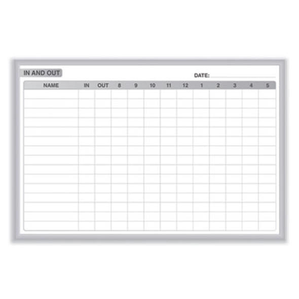 In/Out Magnetic Whiteboard, Personnel In/Out Tracking Chart, 96.5" x 48.5", White/Gray Surface, Satin Aluminum Frame