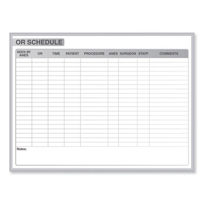 Or Schedule Magnetic Whiteboard, Operating Room Scheduling Chart, 72.5" x 48.5", White/Gray Surface, Satin Aluminum Frame