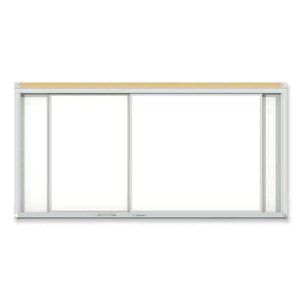 Horizontal Sliding Porcelain Magnetic Whiteboard, 72" x 48", White Surface, Anodized Aluminum Frame