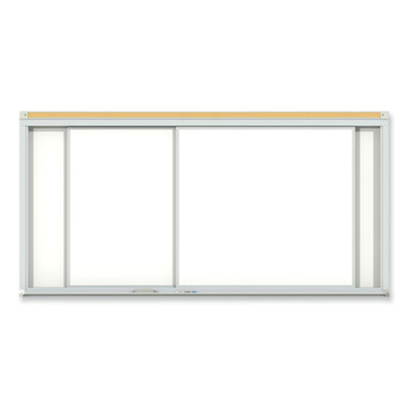 Horizontal Sliding Porcelain Magnetic Whiteboard, 96" x 48", White Surface, Anodized Aluminum Frame