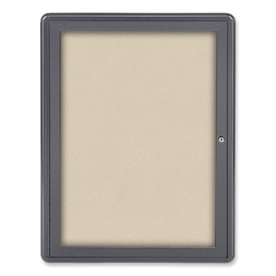 Ovation 1 Door Enclosed Fabric Bulletin Board, 24.13" x 33.75", Beige Surface, Powder-Coated Gray Aluminum Frame