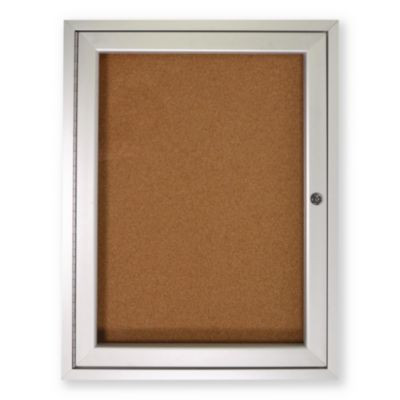 1 Door Enclosed Natural Cork Bulletin Board With Satin Frame, 18" x 24", Tan Surface, Satin Aluminum Frame