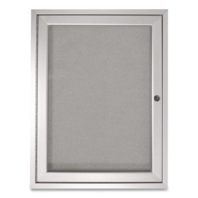 1 Door Enclosed Vinyl Bulletin Board With Satin Frame, 18" x 24", Silver Surface, Satin Aluminum Frame