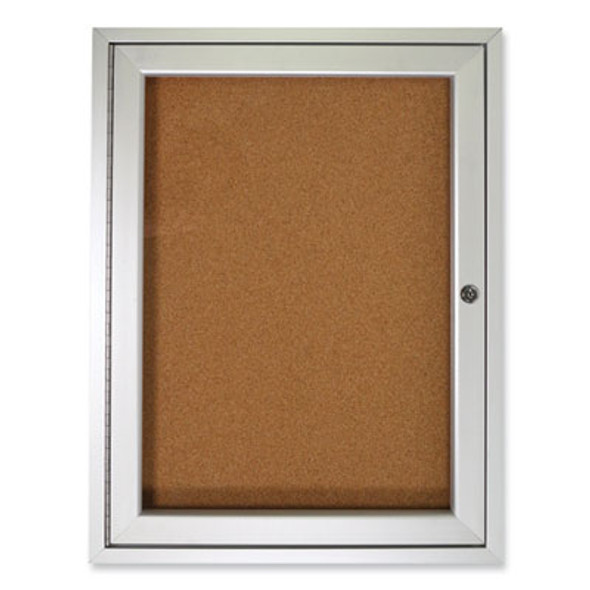1 Door Enclosed Natural Cork Bulletin Board With Satin Frame, 24" x 36", Tan Surface, Satin Aluminum Frame