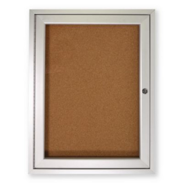 1 Door Enclosed Natural Cork Bulletin Board With Satin Frame, 24" x 36", Tan Surface, Satin Aluminum Frame