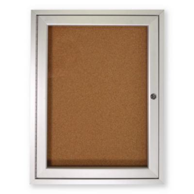 1 Door Enclosed Natural Cork Bulletin Board With Satin Frame, 24" x 36", Tan Surface, Satin Aluminum Frame