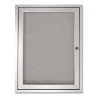 1 Door Enclosed Vinyl Bulletin Board With Satin Frame, 24" x 36", Silver Surface, Satin Aluminum Frame