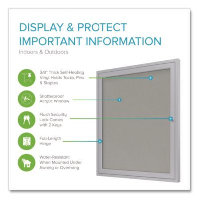 1 Door Enclosed Vinyl Bulletin Board With Satin Frame, 24" x 36", Silver Surface, Satin Aluminum Frame