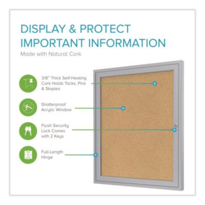 1 Door Enclosed Natural Cork Bulletin Board With Satin Frame, 30" x 36", Tan Surface, Satin Aluminum Frame