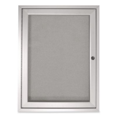 1 Door Enclosed Vinyl Bulletin Board With Satin Frame, 30" x 36", Silver Surface, Satin Aluminum Frame