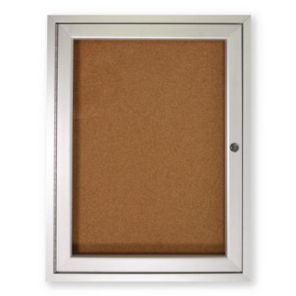 1 Door Enclosed Natural Cork Bulletin Board With Satin Frame, 36" x 36", Tan Surface, Satin Aluminum Frame
