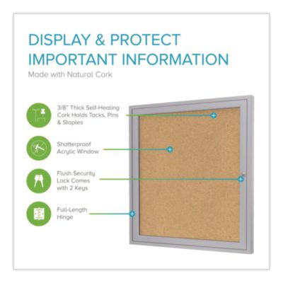 1 Door Enclosed Natural Cork Bulletin Board With Satin Frame, 36" x 36", Tan Surface, Satin Aluminum Frame