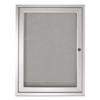 1 Door Enclosed Vinyl Bulletin Board With Satin Frame, 36" x 36", Silver Surface, Satin Aluminum Frame