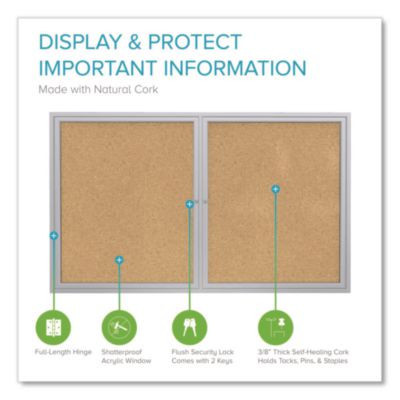 2 Door Enclosed Natural Cork Bulletin Board With Satin Frame, 48" x 36", Tan Surface, Satin Aluminum Frame