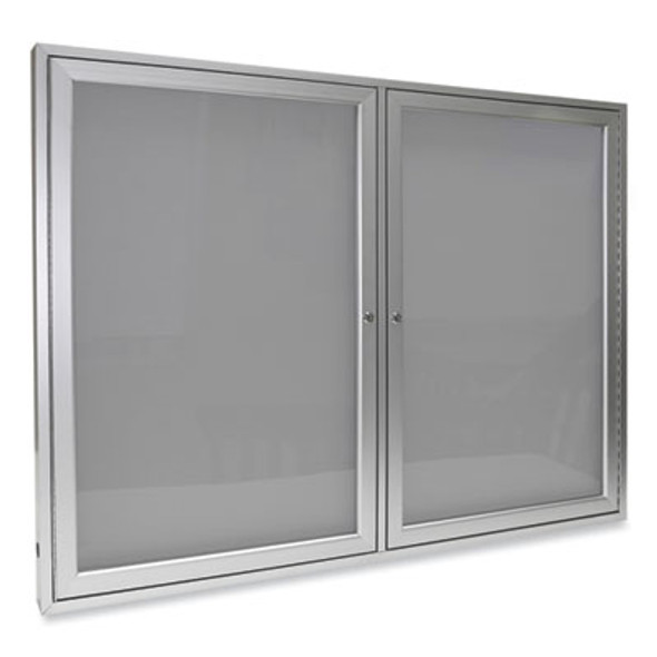 2 Door Enclosed Vinyl Bulletin Board With Satin Frame, 48" x 36", Silver Surface, Satin Aluminum Frame