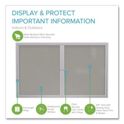 2 Door Enclosed Vinyl Bulletin Board With Satin Frame, 48" x 36", Silver Surface, Satin Aluminum Frame