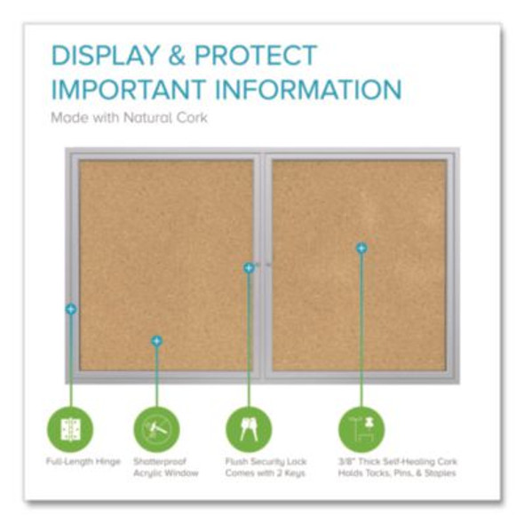 2 Door Enclosed Natural Cork Bulletin Board With Satin Frame, 60" x 36", Tan Surface, Satin Aluminum Frame