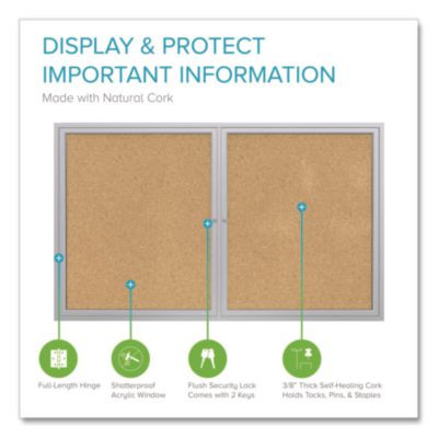2 Door Enclosed Natural Cork Bulletin Board With Satin Frame, 60" x 36", Tan Surface, Satin Aluminum Frame