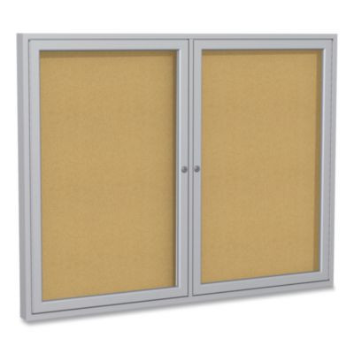 2 Door Enclosed Natural Cork Bulletin Board With Satin Frame, 60" x 36", Tan Surface, Satin Aluminum Frame