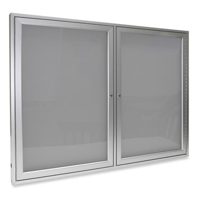 2 Door Enclosed Vinyl Bulletin Board With Satin Frame, 60" x 48", Silver Surface, Satin Aluminum Frame