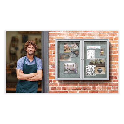 2 Door Enclosed Vinyl Bulletin Board With Satin Frame, 60" x 48", Silver Surface, Satin Aluminum Frame