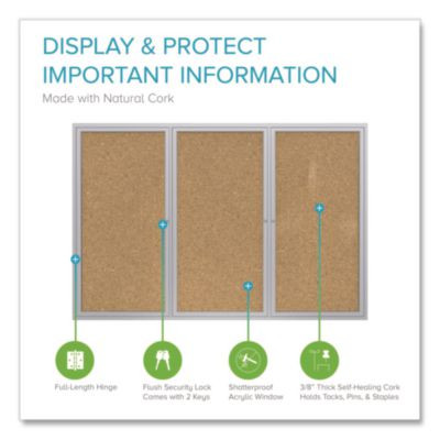 2 Door Enclosed Natural Cork Bulletin Board With Satin Frame, 72" x 36", Tan Surface, Satin Aluminum Frame