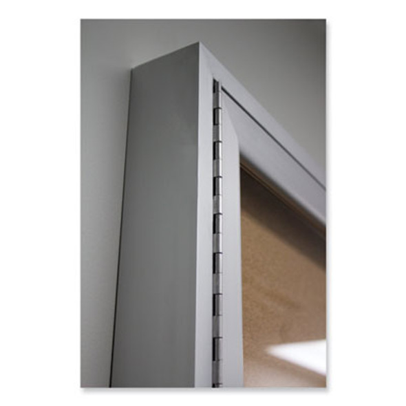 3 Door Enclosed Vinyl Bulletin Board With Satin Frame, 72" x 48", Silver Surface, Satin Aluminum Frame