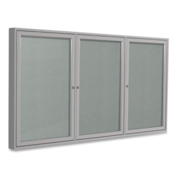 3 Door Enclosed Vinyl Bulletin Board With Satin Frame, 72" x 48", Silver Surface, Satin Aluminum Frame