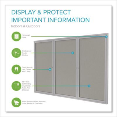 3 Door Enclosed Vinyl Bulletin Board With Satin Frame, 72" x 48", Silver Surface, Satin Aluminum Frame