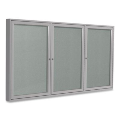 3 Door Enclosed Vinyl Bulletin Board With Satin Frame, 72" x 48", Silver Surface, Satin Aluminum Frame