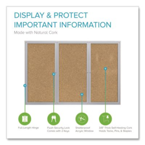 3 Door Enclosed Natural Cork Bulletin Board With Satin Frame, 96" x 48", Tan Surface, Satin Aluminum Frame