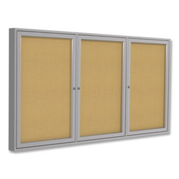 3 Door Enclosed Natural Cork Bulletin Board With Satin Frame, 96" x 48", Tan Surface, Satin Aluminum Frame