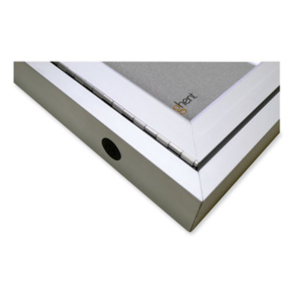 3 Door Enclosed Vinyl Bulletin Board With Satin Frame, 96" x 48", Silver Surface, Satin Aluminum Frame