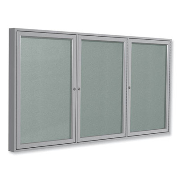 3 Door Enclosed Vinyl Bulletin Board With Satin Frame, 96" x 48", Silver Surface, Satin Aluminum Frame
