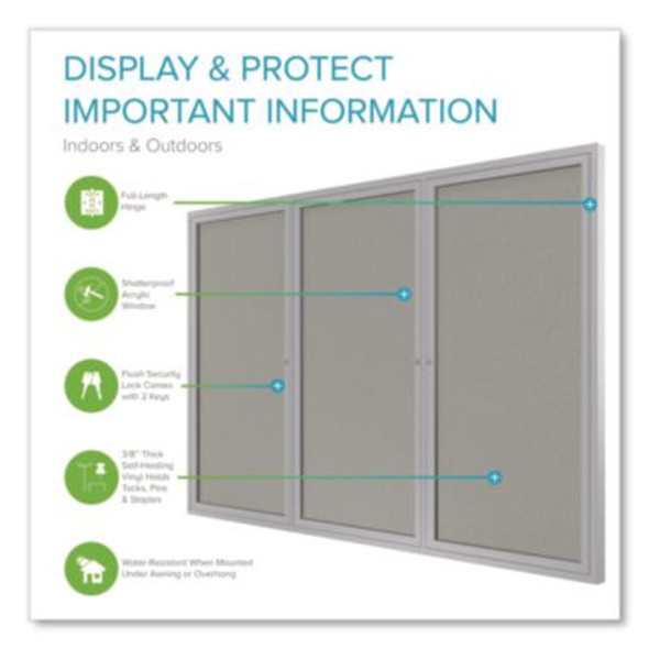 3 Door Enclosed Vinyl Bulletin Board With Satin Frame, 96" x 48", Silver Surface, Satin Aluminum Frame