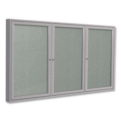 3 Door Enclosed Vinyl Bulletin Board With Satin Frame, 96" x 48", Silver Surface, Satin Aluminum Frame