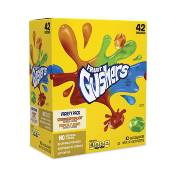 Fruit Gushers Fruit Snacks, Strawberry And Tropical Fruit Flavors, 0.8 Oz, 42 Pouches/Carton