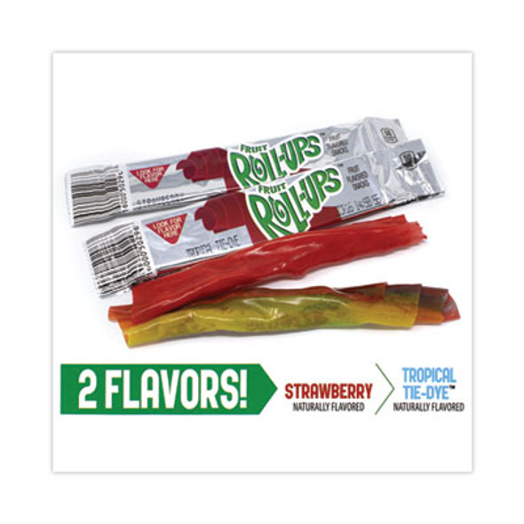 Fruit Roll-Ups Fruit Snacks, Strawberry And Tropical Tie-Dye Flavors, 0.5 Oz, 72 Pouches/Carton