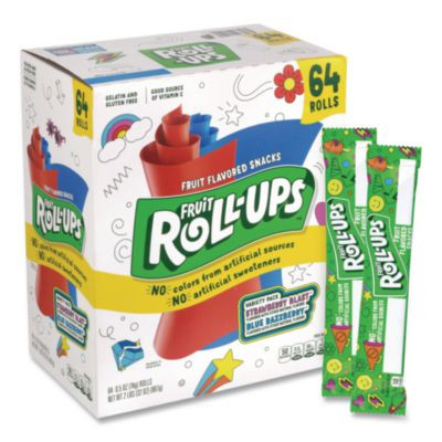Fruit Roll-Ups Fruit Snacks Variety Pack, Strawberry Blast/Blue Raspberry Flavors, 0.5 Oz, 64 Pouches/Carton